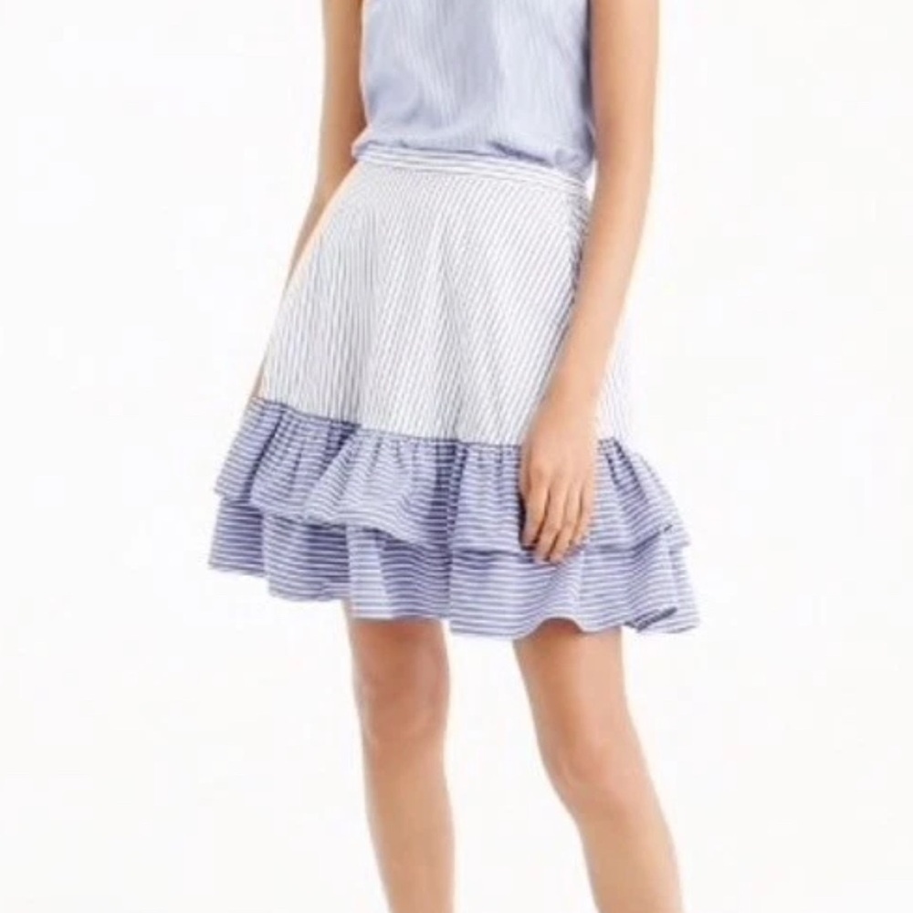 J.Crew Ruffle Skirt White Lagoon Blue Stripe Size 10